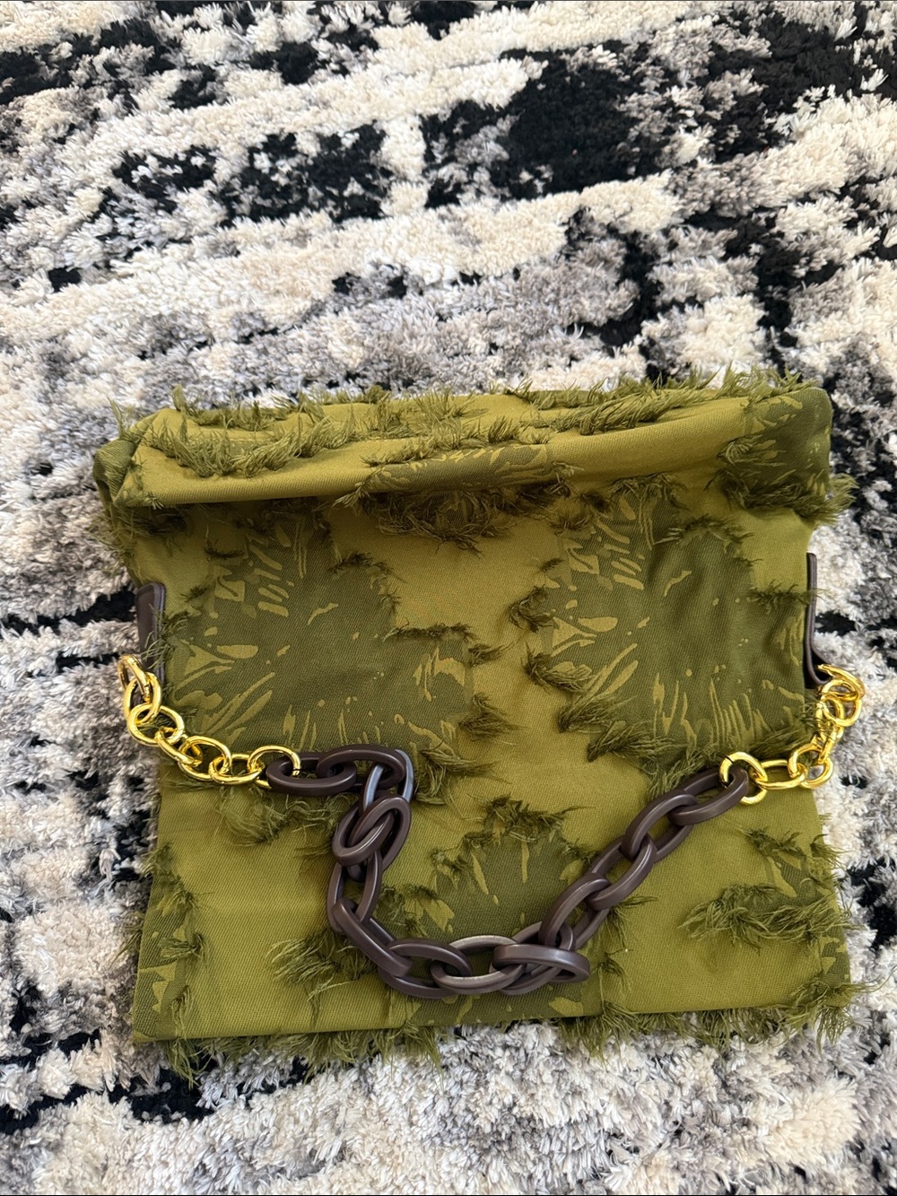 Olive Green Frayed Chain Shoulder Bag